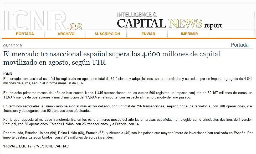 El mercado transaccional espaol supera los 4.600 millones de capital movilizado en agosto, segn TTR